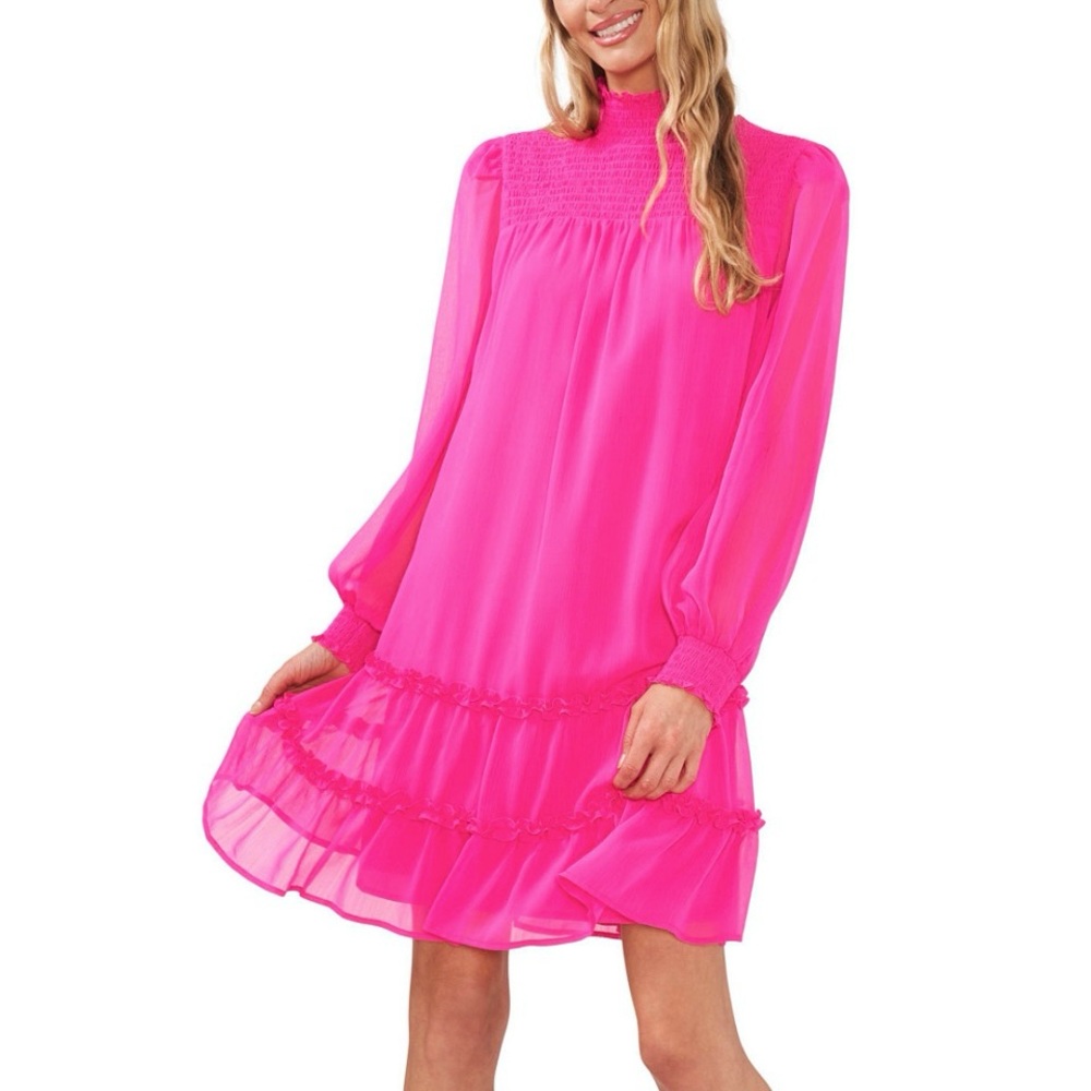 CeCe Chiffon Smocked Dress Mock-Neck Long Sleeve Ruffle Hem Back Zip Lined